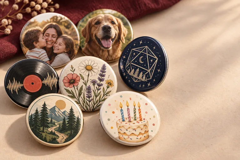 Collection of custom buttons featuring family, pet, RPG, music, flowers, community and birthday