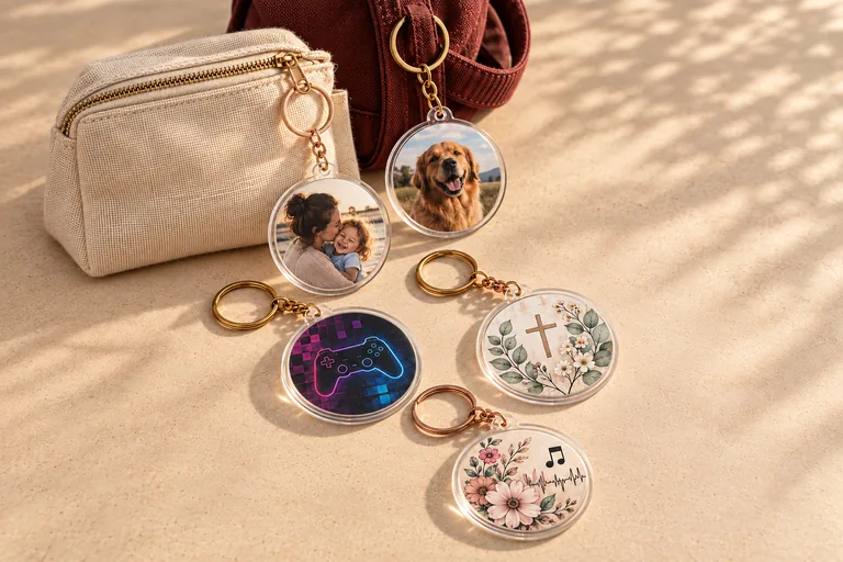 Collection of round acrylic keychains with family, dog, digital gaming, faith and floral music art
