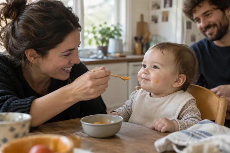 Baby smiling during an early family meal; conceptual image