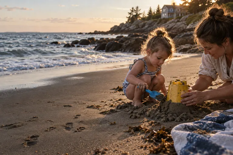 Child building a sandcastle with a parent, bucket and shovel; conceptual image