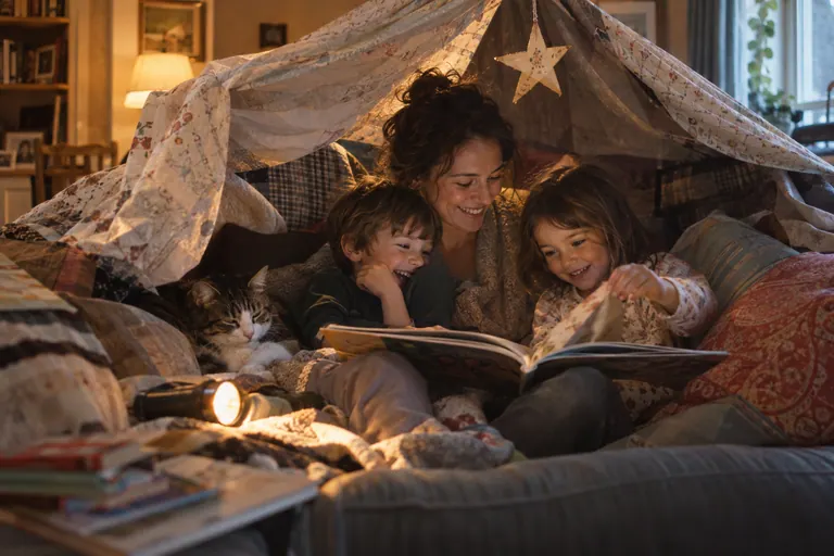 Family reading inside a blanket fort with their cat; conceptual image