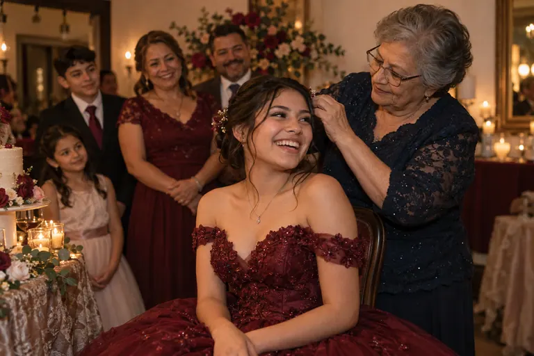 Grandmother adjusting her granddaughter's hair at her fifteenth birthday celebration; conceptual image