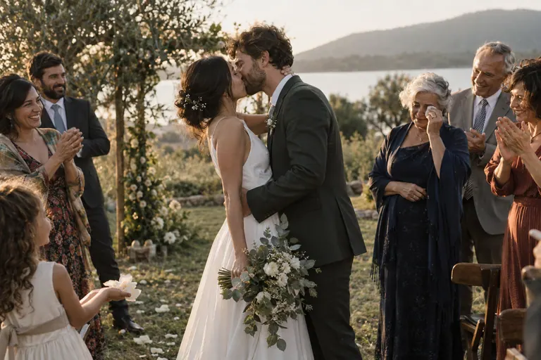 Couple kissing after an intimate ceremony as family celebrates; conceptual image