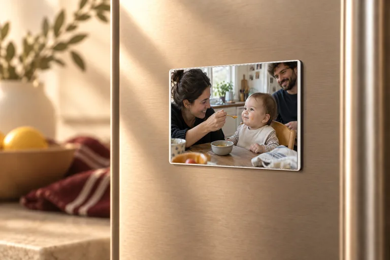 Ana Banana photo magnet showing mother and baby during a family meal